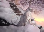  2016 blue_eyes dead_tree feline female grypwolf icicle lion mammal peaceful sitting snow stairs sunrise temple 