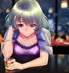  alcohol artist_logo bangs blue_coat blue_eyes blurry blurry_background brown_hair coat collarbone commentary_request cup dress drinking_glass eyebrows_visible_through_hair green_eyes hand_to_head heterochromia highres idolmaster idolmaster_cinderella_girls infinote jewelry mole mole_under_eye necklace purple_dress short_hair solo takagaki_kaede 