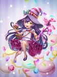  :d alternate_skin_color bag bittersweet_lulu bloomers bracelet candy candy_cane cupcake food full_body handbag hat heterochromia holding holding_food jelly_bean jewelry league_of_legends long_hair looking_at_viewer lulu_(league_of_legends) macaron nyaamen_fork open_mouth pink_skirt purple_footwear purple_hair skirt smile solo striped_hat underwear wand witch_hat 