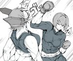  abs biceps commentary_request fingerless_gloves gloves greyscale headgear hyuuga_(kantai_collection) kantai_collection monochrome multiple_girls muscle muscular_female nexas punching short_hair tenryuu_(kantai_collection) translation_request undershirt uppercut 