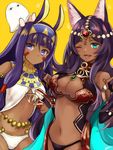  animal_ears arabian arabian_clothes armlet bangs bare_shoulders belly_chain black_panties blue_eyes blunt_bangs breasts bridal_gauntlets cleavage cleavage_cutout closed_mouth dark_skin earrings egyptian egyptian_clothes eyebrows_visible_through_hair eyeshadow facepaint facial_mark fate/grand_order fate_(series) forehead_jewel gem hair_tubes hairband head_chain hoop_earrings jackal_ears jewelry large_breasts long_hair looking_at_viewer makeup medium_breasts medjed mikanmochi multiple_girls navel nitocris_(fate/grand_order) one_eye_closed open_mouth panties purple_eyes purple_hair queen_of_sheba_(fate/grand_order) revealing_clothes sidelocks smile underboob underwear usekh_collar very_long_hair white_panties yellow_background 
