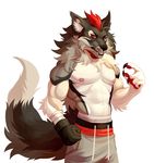  2017 abs anthro biceps caindra canine claws clothed clothing digital_media_(artwork) fur hair hi_res male mammal muscular muscular_male nipples standing were werewolf wolf 