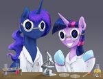  2017 clothing cosmic_hair duo equine eyewear feathered_wings feathers female friendship_is_magic gloves goggles grey_background hair horn lab_coat mammal microscope multicolored_hair my_little_pony open_mouth ponytail princess_luna_(mlp) science silfoe simple_background smile table teeth twilight_sparkle_(mlp) vial winged_unicorn wings 