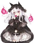  azur_lane carrying commentary_request covering_mouth cross cross_necklace erebus_(azur_lane) gothic_lolita hat heart holding jewelry lolita_fashion long_hair looking_at_viewer machinery meuneyu necklace purple_eyes remodel_(azur_lane) simple_background solo turret white_hair 