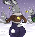  anthro big_butt butt butt_shot cat coat disney feline female forest fur grey_fur hayakain humor judy_hopps lagomorph mammal mittens purple_eyes rabbit smack snow snowball snowball_fight snowing surprise tasha_(hayakain) tree winter zootopia 