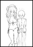  age_difference bikini breasts commentary_request hat kaisen_chuui kantai_collection kashima_(kantai_collection) large_breasts little_boy_admiral_(kantai_collection) monochrome sketch swimsuit twintails wavy_hair 
