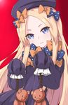  abigail_williams_(fate/grand_order) bangs black_dress black_hat blonde_hair blue_bow blue_eyes bow dress fate/grand_order fate_(series) forehead hair_bow hanged hat head_tilt highres holding holding_rope kaiven long_hair long_sleeves looking_at_viewer noose orange_bow parted_bangs parted_lips polka_dot polka_dot_bow red_background rope simple_background sleeves_past_fingers sleeves_past_wrists solo stuffed_animal stuffed_toy teddy_bear very_long_hair 