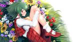  ascot commentary curled_up fetal_position flower green_hair highres kazami_yuuka long_sleeves looking_at_viewer plaid plaid_skirt plaid_vest puchikya red_eyes red_footwear red_vest shirt short_hair skirt touhou vest white_shirt yellow_neckwear 