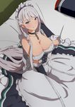  apron arm_up azur_lane bangs bare_shoulders bed bed_sheet belfast_(azur_lane) black_gloves black_skirt braid breasts chain cleavage collar collarbone corset dress elbow_gloves french_braid frilled_apron frilled_dress frills gloves hand_in_hair highres large_breasts long_hair long_skirt looking_at_viewer maid_headdress on_bed pillow purple_eyes revision silver_hair sitting skirt solo sonri tsurime very_long_hair white_apron 