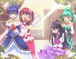  akatsu_masato alternate_costume blue_bow blue_eyes blue_hair bow bracelet_girls butterfly_earrings dress elbow_gloves eyebrows_visible_through_hair gloves green_hair hand_on_another's_shoulder highres hiiragi_yuzu jewelry kurosaki_ruri looking_at_viewer mirror multiple_girls musical_note_earrings necklace open_mouth orange_eyes pink_hair pink_neckwear puffy_short_sleeves puffy_sleeves purple_eyes purple_hair quadruplets reflection rin_(yuu-gi-ou_arc-v) ring serena_(yuu-gi-ou_arc-v) short_sleeves siblings sisters sleeveless smile stage_curtains strapless surprised yuu-gi-ou yuu-gi-ou_arc-v 