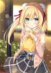  anzu_(sumisaki_yuzuna) bag bangs black_skirt blonde_hair blush closed_mouth commentary_request day double_bun eyebrows_visible_through_hair gift gift_bag green_eyes hair_between_eyes hair_ribbon half-closed_eyes hands_up high-waist_skirt holding holding_bag holding_gift jacket looking_at_viewer open_clothes open_jacket original outdoors plaid plaid_skirt red_ribbon ribbon sidelocks skirt smile solo sparkle sumisaki_yuzuna twintails 