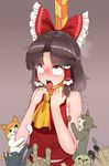  ascot asphyxiation bangs bare_arms benikurage bow brown_background brown_eyes brown_hair cat commentary_request cookie_(touhou) drooling eyebrows_visible_through_hair hair_bow hair_tubes hakurei_reimu hanged highres looking_up open_mouth pai_kebon_baa red_bow saliva sarashi scarf short_hair sidelocks sleeveless sweat tears tongue tongue_out touhou trembling upper_body 