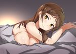  absurdres blanket blush breasts brown_eyes brown_hair closed_mouth commentary from_side highres idolmaster idolmaster_million_live! indoors j.roswel kitazawa_shiho large_breasts long_hair looking_at_viewer lying nude on_bed on_stomach pillow shiny shiny_skin smile solo upper_body 