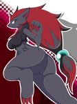  1girl artist_request ass blue_eyes breasts claws fang female from_behind furry jpeg_artifacts large_breasts looking_to_the_side navel no_humans pokemon pokemon_(creature) pokemon_bw smile solo teeth zoroark 