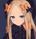  abigail_williams_(fate/grand_order) black_background blue_eyes bow commentary_request fate/grand_order fate_(series) hair_bow hat light_brown_hair long_hair looking_at_viewer meuneyu simple_background solo 