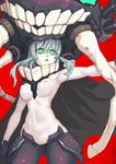  ass_visible_through_thighs black_gloves black_legwear breasts commentary_request cowboy_shot gloves glowing glowing_eyes green_eyes hair_between_eyes kantai_collection long_hair long_sleeves looking_at_viewer medium_breasts pantyhose parted_lips red_background shinkaisei-kan shirt silver_hair simple_background solo standing teeth triangle_mouth white_shirt wo-class_aircraft_carrier yuuji_(and) 