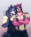  2017 anthro biceps big_muscles canine clothed clothing digital_media_(artwork) fur group hair hi_res kuron male mammal muscular pecs simple_background 