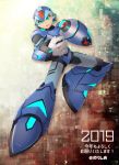  1boy 2019 alternate_eye_color android arm_cannon artist_name blue_eyes capcom dated full_body gloves helmet leg_up male_focus no-rishio open_mouth robot robot_joints rockman rockman_x simple_background solo weapon white_gloves x_(rockman) 