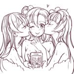  :p after_sex blanket blush bow breasts cellphone check_commentary cheek_kiss closed_eyes commentary_request double_cheek_kiss fiodo girl_sandwich greyscale hair_between_eyes hair_bow heart hug kiss kousaka_honoka long_hair love_live! love_live!_school_idol_project medium_breasts minami_kotori monochrome multiple_girls nude one_eye_closed one_side_up phone sandwiched self_shot simple_background smartphone smile sonoda_umi sweat taking_picture tongue tongue_out upper_body white_background yuri 