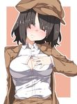  absurdres black_hair blush breasts buttons cabbie_hat cleavage collared_shirt forbidden_scrollery hand_on_own_chest hat head_tilt highres kz_oji long_sleeves looking_at_viewer medium_breasts open_clothes open_shirt paizuri_invitation red_eyes shameimaru_aya shirt smile solo touhou two-tone_background upper_body white_shirt wing_collar 