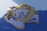  2017 abs amber_eyes anthro bed bed_sheet bedding blanket clouded_leopard feline leopard likulau male mammal muscular nekojishi on_beed pecs pillow simple_background solo spots tagme takemoto_arashi tattoo 