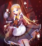  abigail_williams_(fate/grand_order) alternate_costume apron blonde_hair blue_eyes blush bow bug butterfly commentary doll_hug duster dutch_angle enmaided fate/grand_order fate_(series) frilled_apron frills hair_bow holding insect long_hair looking_at_viewer maid maid_apron maid_headdress miyo_(user_zdsp7735) sleeves_past_wrists smile solo stuffed_animal stuffed_toy teddy_bear thighhighs very_long_hair white_apron window zettai_ryouiki 