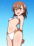  arms_behind_back bangs bikini blue_background blurry blush body_blush bokeh breasts brown_eyes brown_hair cowboy_shot dennou_senki_virtual-on depth_of_field diagonal_stripes embarrassed eyebrows_visible_through_hair from_side gradient gradient_background hair_ornament hairclip hips holding_arm legs_together looking_at_viewer looking_to_the_side marupuni medium_hair misaka_mikoto navel open_mouth sketch small_breasts solo standing strap_gap striped striped_bikini swimsuit to_aru_majutsu_no_index to_aru_majutsu_no_virtual-on wavy_mouth white_bikini 