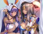  animal_ears arm_wrap armlet bangs bed_sheet belly_chain black_hair blue_armor blush bracelet breastplate breasts bridal_gauntlets chain circlet cleavage commentary_request dark_skin detached_collar earrings egyptian egyptian_clothes facepaint facial_mark fate/grand_order fate_(series) forehead_jewel green_eyes hairband hands_up hoop_earrings jewelry lantern large_breasts long_hair looking_at_another medium_breasts multiple_girls nitocris_(fate/grand_order) nitocris_(swimsuit_assassin)_(fate) parted_bangs parted_lips pauldrons piromizu purple_eyes purple_hair rain ring scheherazade_(fate/grand_order) scroll sidelocks smile squatting staff swimsuit usekh_collar very_long_hair white_swimsuit 