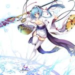  bangs blue_hair breasts bug butterfly chouun cleavage commentary_request copyright_name eyebrows_visible_through_hair hair_between_eyes hat holding holding_weapon insect japanese_clothes kami_project katagiri_hinata koihime_musou large_breasts leg_up lightning looking_at_viewer medium_breasts obi official_art parted_lips polearm purple_eyes ribbon sash short_hair simple_background smile solo spear thighhighs weapon white_legwear wide_sleeves zettai_ryouiki 