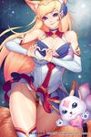  ahri animal_ears ass_visible_through_thighs bangs bare_shoulders blonde_hair breasts choker cleavage covered_navel detached_sleeves familiar fox_ears fox_girl fox_tail gonster hair_ornament heart heart_hands highres jewelry large_breasts league_of_legends long_hair looking_at_viewer magical_girl miniskirt panties pantyshot pink_lips purple_eyes skirt smile solo star_guardian_ahri swept_bangs tail thigh_gap thighhighs tiara underwear very_long_hair wind wind_lift 