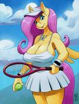  2017 anthro anthrofied ball big_breasts blue_eyes breasts cleavage clothed clothing equine female fluttershy_(mlp) friendship_is_magic hair hat long_hair looking_at_viewer mammal my_little_pony open_mouth pegasus pink_hair solo tennis_ball tennis_racket wings zwitterkitsune 