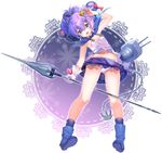  :d azur_lane blue_eyes breasts cleavage commentary_request crown dorsiflexion hair_ribbon holding javelin_(azur_lane) long_hair looking_at_viewer machinery mini_crown navel open_mouth plaid plaid_skirt pleated_skirt polearm ponytail purple_hair ribbon shiosoda skirt small_breasts smile solo turret weapon 