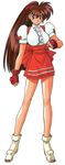 brown_eyes brown_hair clenched_hands fingerless_gloves full_body gloves hair_ribbon high_ponytail highres kimura_takahiro light_smile long_hair long_legs looking_at_viewer non-web_source official_art open_toe_shoes puffy_sleeves ribbon short_sleeves simple_background skirt solo standing takeuchi_yuka underbust variable_geo white_background 
