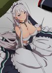  apron arm_up azur_lane bangs bare_shoulders bed bed_sheet belfast_(azur_lane) black_gloves black_skirt braid breasts chain cleavage collar collarbone corset dress elbow_gloves french_braid frilled_apron frilled_dress frills gloves hand_in_hair highres large_breasts long_hair long_skirt looking_at_viewer maid_headdress md5_mismatch on_bed pillow purple_eyes silver_hair sitting skirt solo sonri tsurime very_long_hair white_apron 