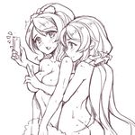  after_sex ass ayase_eli bangs blanket blush cellphone covering covering_breasts eyebrows_visible_through_hair eyes_visible_through_hair fiodo greyscale high_ponytail holding long_hair love_live! love_live!_school_idol_project low_twintails monochrome multiple_girls nude open_mouth phone ponytail scrunchie self_shot simple_background smartphone smile sweat taking_picture toujou_nozomi triangle_mouth twintails upper_body v white_background yuri 