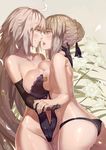  ahoge artist_name artoria_pendragon_(all) ass asymmetrical_docking bandaid bandaids_on_nipples bangs bare_shoulders black_gloves black_leotard black_panties black_ribbon blonde_hair blush braid breast_press breasts brown_eyes collarbone covered_nipples cowboy_shot elbow_gloves eye_contact eyebrows_visible_through_hair fate/grand_order fate_(series) floral_background flower french_braid from_side gloves grey_background grey_hair hair_bun hair_ribbon highleg highleg_leotard highres hips jeanne_d'arc_(alter)_(fate) jeanne_d'arc_(fate)_(all) large_breasts leotard lily_(flower) looking_at_another medium_breasts multiple_girls nanaya_(daaijianglin) open_mouth panties parted_lips pasties ribbon saber_alter sidelocks signature simple_background smile strapless strapless_leotard thighs topless underwear underwear_only white_flower yellow_eyes yuri 