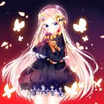  abigail_williams_(fate/grand_order) black_dress blonde_hair blue_eyes bow bug butterfly doll_hug dress fate/grand_order fate_(series) hair_bow hat insect long_hair looking_at_viewer miyo_(user_zdsp7735) sleeves_past_wrists solo stuffed_animal stuffed_toy teddy_bear 