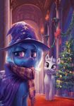  absurd_res blue_eyes blue_hair candle cape carpet christmas christmas_tree clothing detailed_background equine eyebrows eyelashes eyewear fan_character female friendship_is_magic frown garland gift glasses hair hallway hat hi_res holidays horn hunternif ill inside j2016 light looking_at_viewer makeup mammal mascara my_little_pony purple_eyes ribbons sad scarf short_hair smile snow star striped_scarf stripes tree trixie_(mlp) unicorn white_hair 