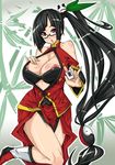  black_hair blazblue blush breasts cleavage fingernails glasses highres huge_breasts lao_jiu legs litchi_faye_ling long_fingernails long_hair makai nipple_slip nipples panda ponytail purple_eyes solo thighs very_long_hair yin_yang 