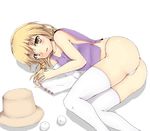  abe_(roiz) ass bad_id bad_pixiv_id blonde_hair blush brown_eyes detached_sleeves eyeball hat hat_removed headwear_removed highres lying moriya_suwako no_bra no_pants on_side panties solo thighhighs thong touhou underwear white_legwear yellow_eyes 