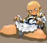  angry bad_id bad_pixiv_id blonde_hair blue_eyes blush brown_background dark_skin dress dress_lift fang hun jessica_de_alkirk lunar lunar:_the_silver_star panties pointy_ears solo spread_legs sweat thick_thighs thighs underwear 