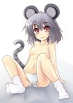  animal_ears breasts grey_hair highres mouse_ears mouse_tail navel nazrin nijou_makoto nipples panties red_eyes short_hair sitting small_breasts smile socks solo tail topless touhou underwear underwear_only white_legwear white_panties 