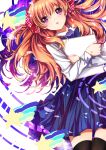  1girl :o absurdres black_legwear blue_neckwear blue_skirt bow brown_hair cowboy_shot eyebrows_visible_through_hair floating_hair gekkan_shoujo_nozaki-kun hair_between_eyes hair_bow highres holding long_hair long_sleeves looking_at_viewer lying medium_skirt neco_(pixiv9050761) on_back pleated_skirt polka_dot polka_dot_bow purple_eyes red_bow sakura_chiyo shirt skirt solo thighhighs very_long_hair white_shirt zettai_ryouiki 