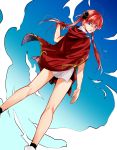  1girl blue_eyes blue_sky cape eyebrows_visible_through_hair floating_hair from_behind from_below gintama gradient_sky hair_between_eyes hair_bun highres kagura_(gintama) long_hair looking_at_viewer mutospectacle red_cape red_hair shiny shiny_hair sky solo twintails 