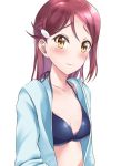  1girl blue_bikini_top blue_jacket blush breasts cleavage collarbone hair_ornament hairclip halterneck jacket long_hair love_live! love_live!_sunshine!! open_clothes open_jacket red_hair sakurauchi_riko simple_background small_breasts smile solo upper_body white_background yamamoto_chavez yellow 