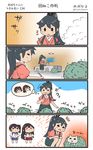  4koma akagi_(kantai_collection) animal black_hair black_hakama blue_hakama brown_hair cat comic commentary_request hair_between_eyes hakama hakama_skirt highres houshou_(kantai_collection) japanese_clothes kaga_(kantai_collection) kantai_collection kimono long_hair megahiyo multiple_girls open_mouth pink_kimono ponytail red_hakama short_hair side_ponytail silent_comic tasuki translated twitter_username 