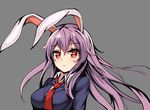  :&lt; animal_ears blazer breasts bunny_ears extra_ears eyebrows_visible_through_hair grey_background hair_between_eyes jacket large_breasts long_hair necktie purple_hair red_eyes red_neckwear reisen_udongein_inaba simple_background solo tori_(king8162635) touhou upper_body very_long_hair wing_collar 