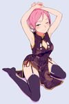  3; ;) armpits arms_up bangs black_dress black_legwear blue_eyes breasts china_dress chinese_clothes cleavage cleavage_cutout dress earrings from_above full_body garter_straps hi_iro highres jewelry medium_breasts no_shoes one_eye_closed original parted_bangs pelvic_curtain pink_hair short_hair side_slit simple_background sitting smile solo thighhighs yokozuwari 