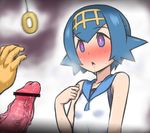  1girl bar_censor blue_eyes blue_hair blush breasts censored drooling empty_eyes erection hypno hypnosis imminent_fellatio mind_control penis pokemon pokemon_(creature) pokemon_sm saliva small_breasts suiren_(pokemon) sweat veiny_penis yellow_skin 