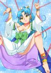  blue_hair breasts cleavage commentary_request detached_sleeves glacies hair_ornament japanese_clothes long_hair looking_at_viewer medium_breasts onnaski ponytail solo super_robot_wars super_robot_wars_destiny super_robot_wars_original_generation the_2nd_super_robot_wars_og yellow_eyes 